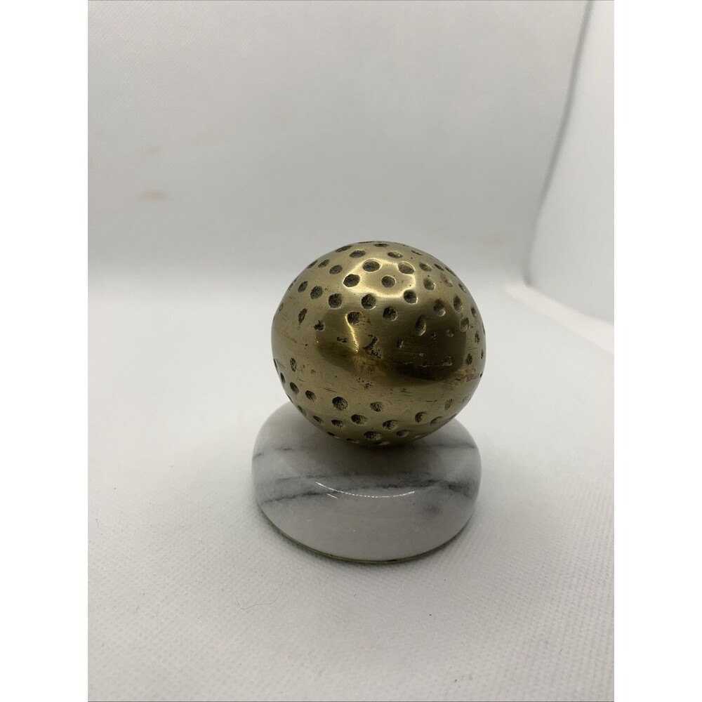 Vintage Brass Golf Ball Paperweight W/ Gray Marble Base 2.5”x2.5”